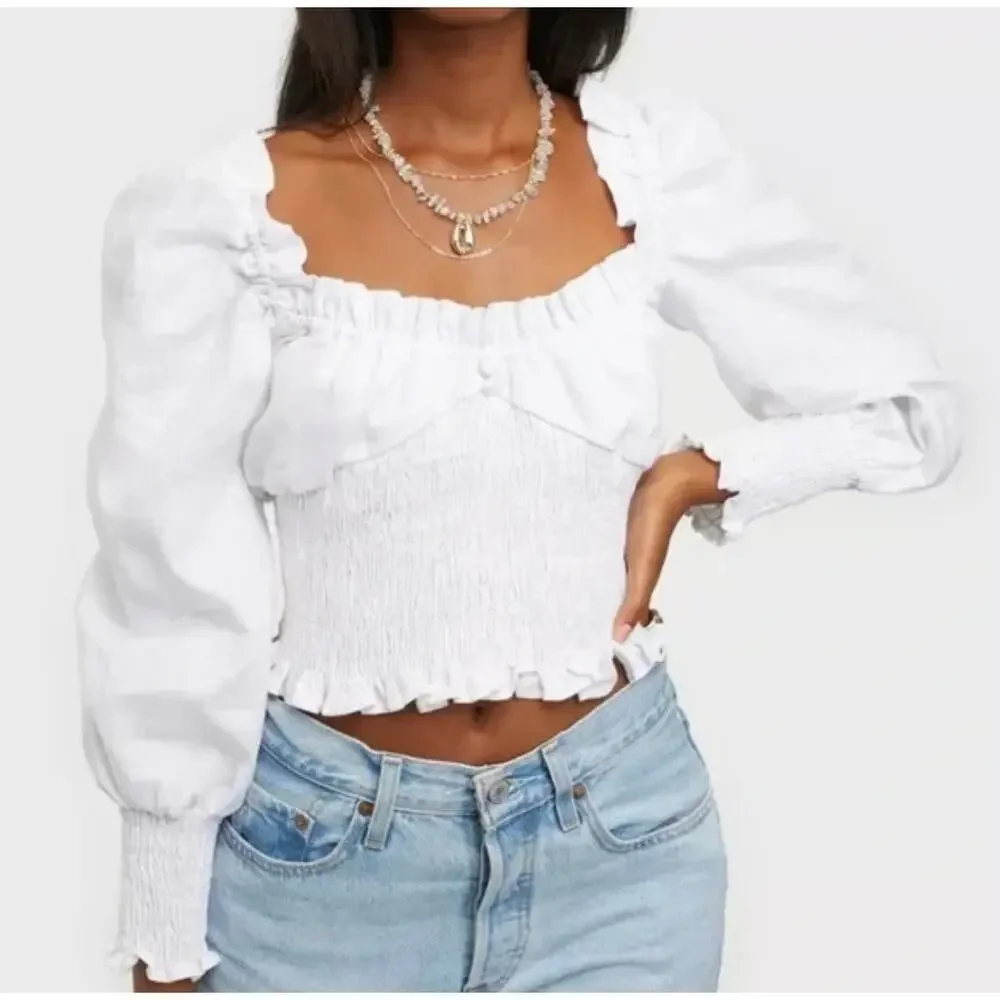 Faithfull the Brand Bel Rose White Smocked Off Shoulder Crop Top Size L